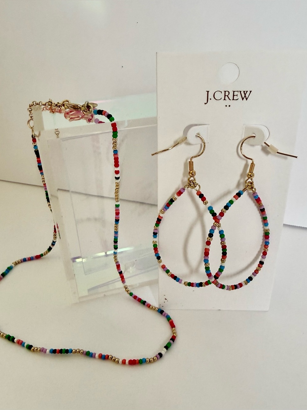 J. Crew Multicolor Seed-Bead Hoop Earrings & Matching Necklace.